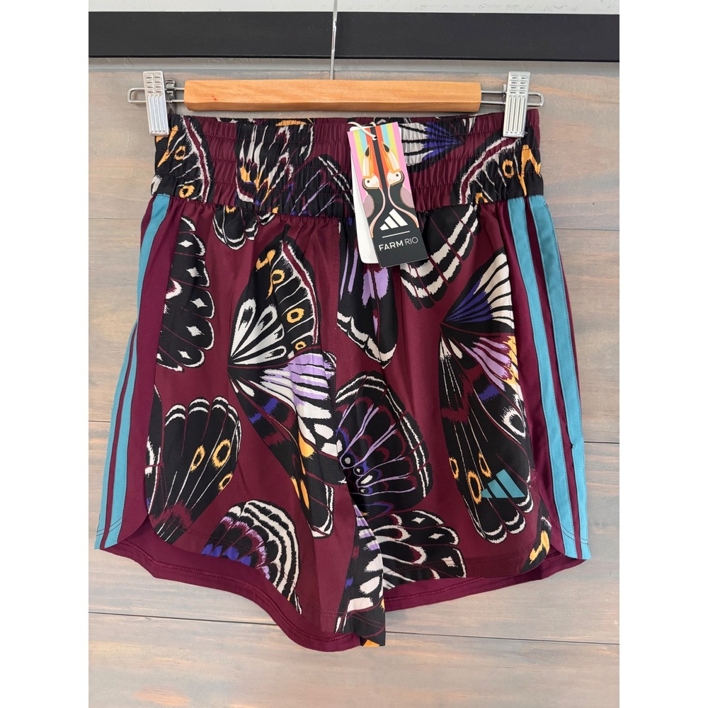 Adidas x Farm Rio Pacer Shorts Butterfly Print Amazon Red XS JL7005 NEW - Picture 2 of 5